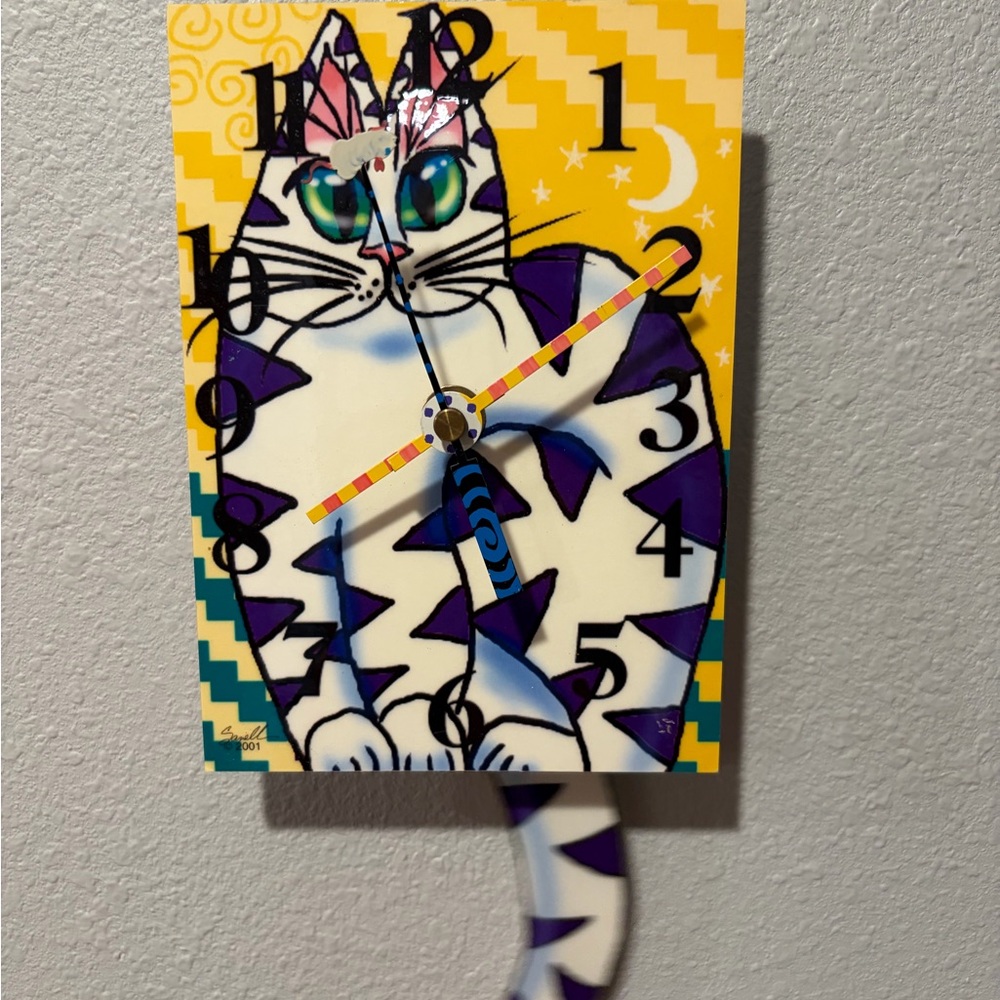 Whimsical Cat Wall Clock - Yellow and Purple